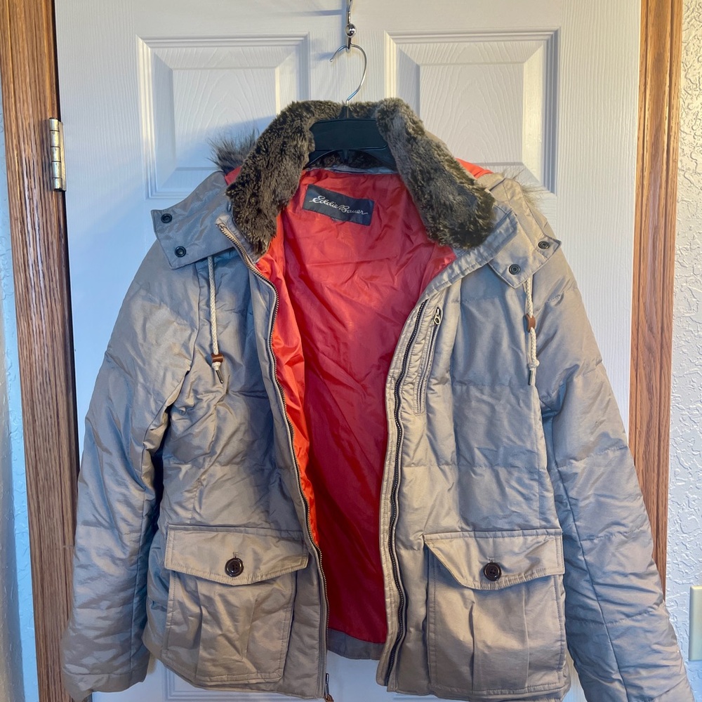 Eddie Bauer Tan Puffer Jacket with Pink Lining